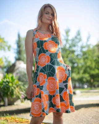 KIIRA dress, Ulpukka, dark green - orange