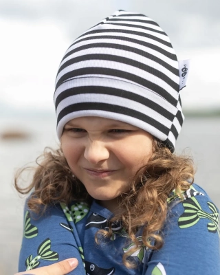 KIDS BEANIE cotton, Striped, black - white