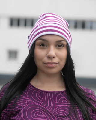 COTTON BEANIE, Striped, purple - white