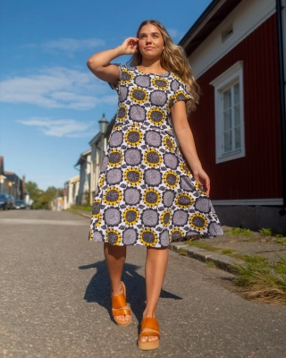 JULIA klänning, Sunflower, vit - solgul - svart