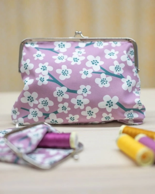 FRAME PURSE 21x16cm, Cherry blossom, lilac - petrol