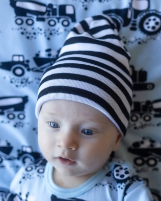 BABY BEANIE cotton, Striped, black - white